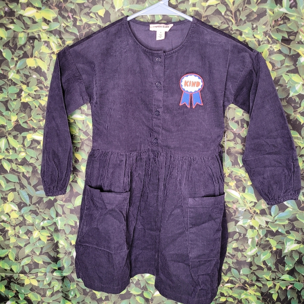 OPEN EDIT Kids' Corduroy Dress In Navy Charcoal Kind Award Patch Size 4 Girls